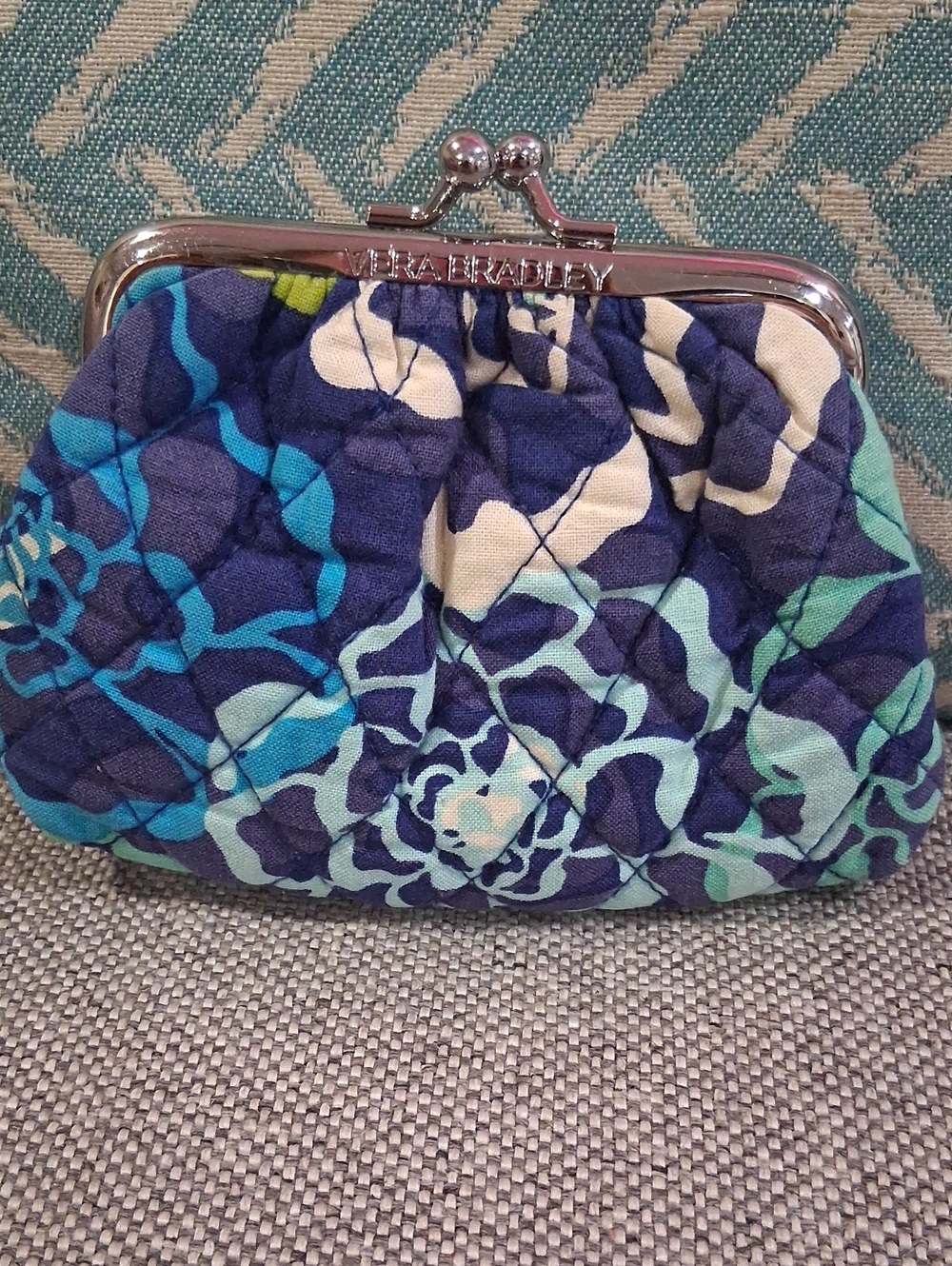 Vera Bradley Quilted Floral Kiss-Lock Wristlet in Navy, Teal & Cream